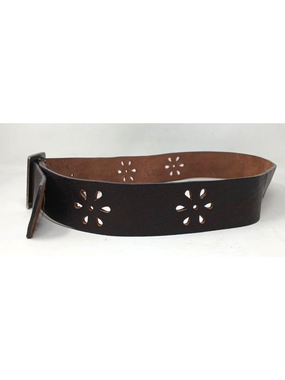 VTG Brown Leather Belt Sz 100 SilverTone Buckle Rustic Style Floral Cutout  #D51